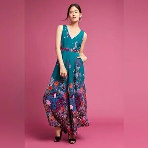Maeve Andalusia Teal Floral Wide Leg Jumpsuit, size 00
